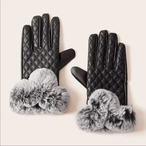 💃🏻Black Quilted Leather Gloves Fur Gloves